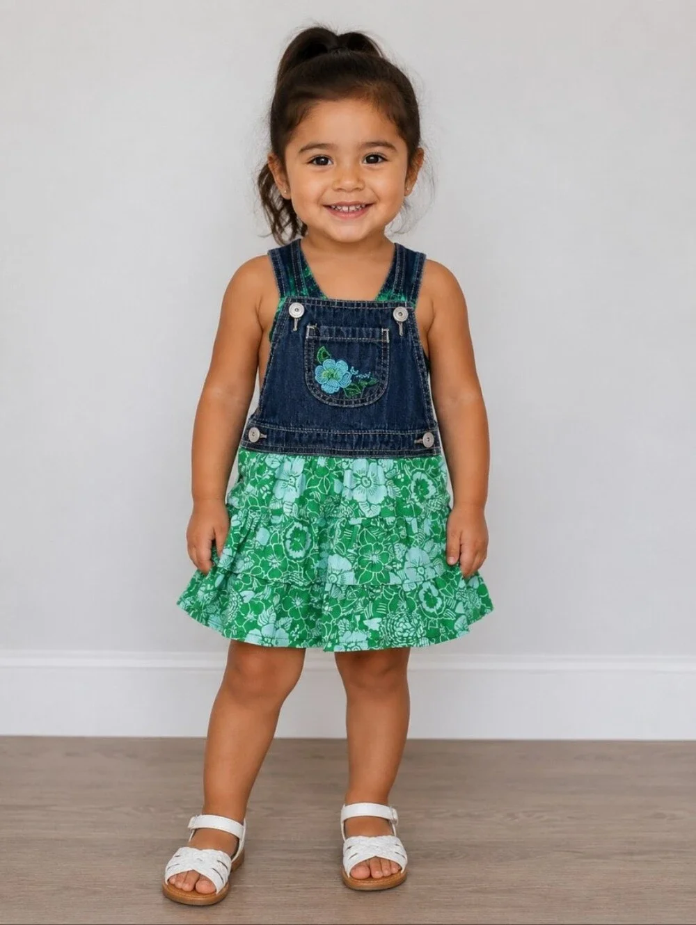 OSHKOSH Jean and  Green Floral Fabric Kids Overalls Dress 2T